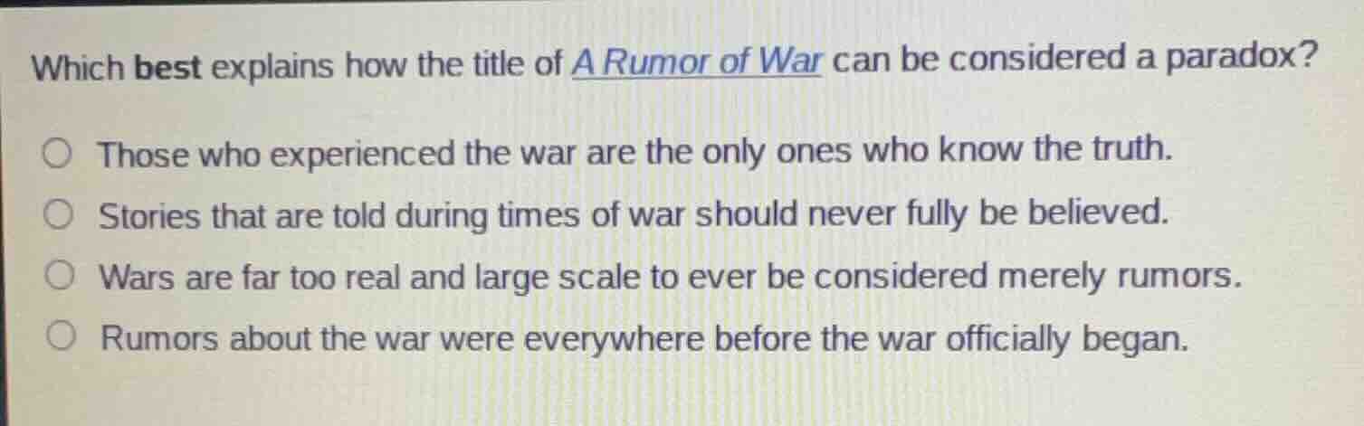 which best explains how the title of a rumor of war can be considered a…