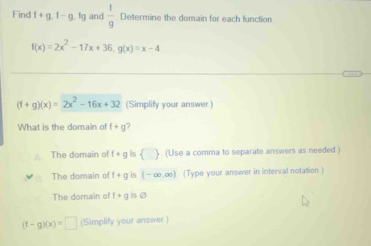 find \\(f + g\\), \\(f - g\\), \\(fg\\) and \\(\\frac{f}{g}\\). determi…