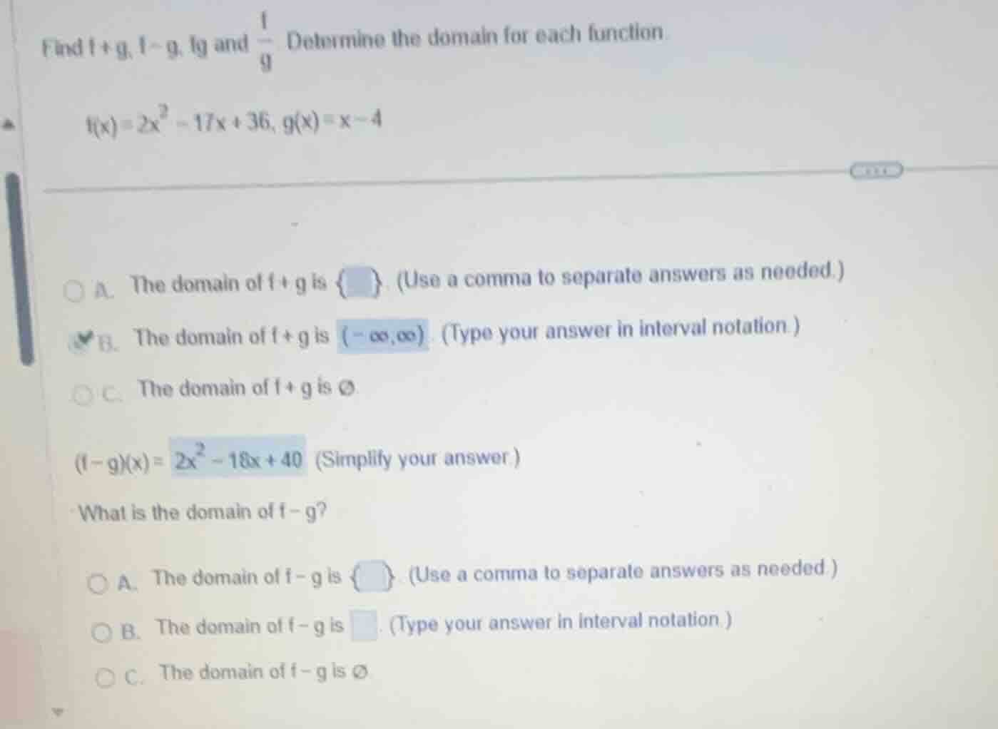 find \\(f+g\\), \\(f-g\\), \\(fg\\) and \\(\\frac{f}{g}\\). determine t…