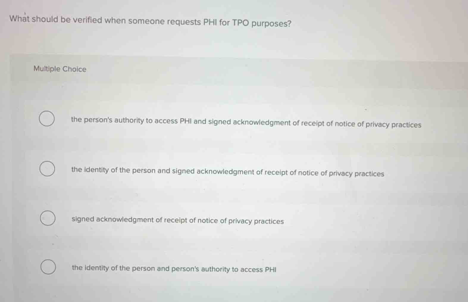 what should be verified when someone requests phi for tpo purposes? mul…