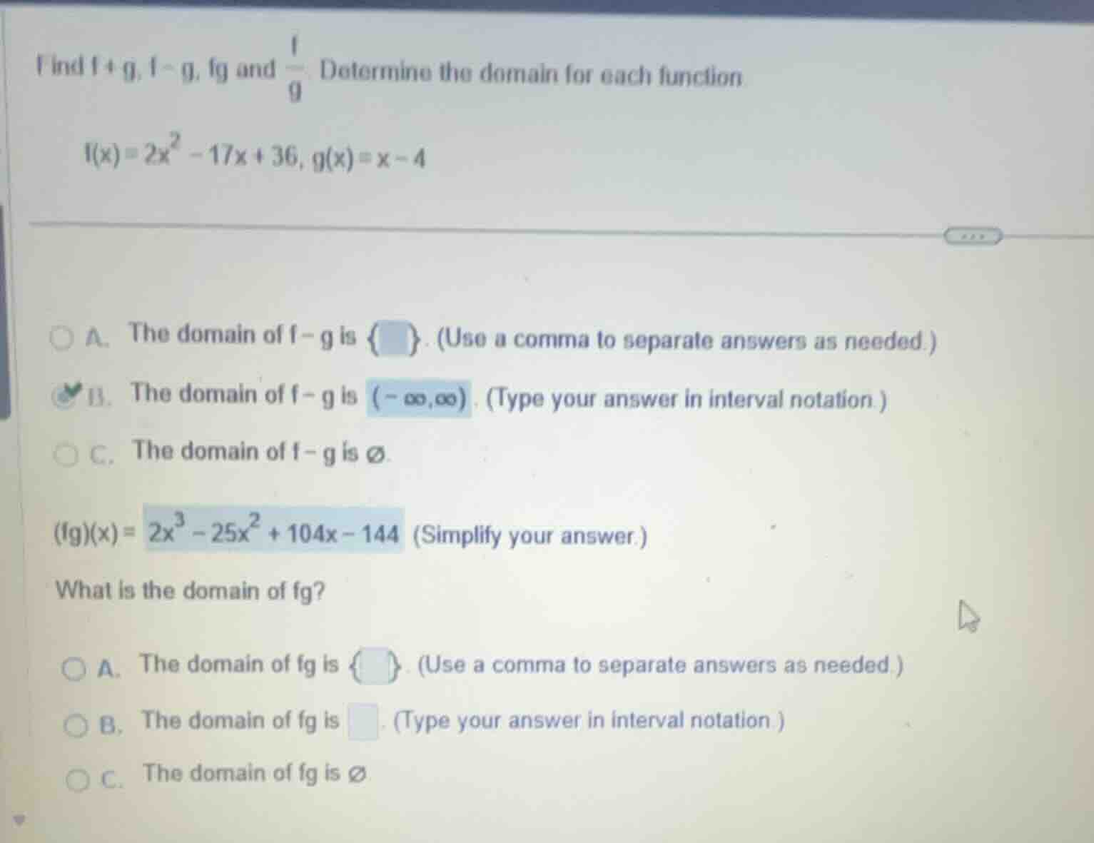 find \\(f+g\\), \\(f-g\\), \\(fg\\) and \\(\\frac{f}{g}\\). determine t…