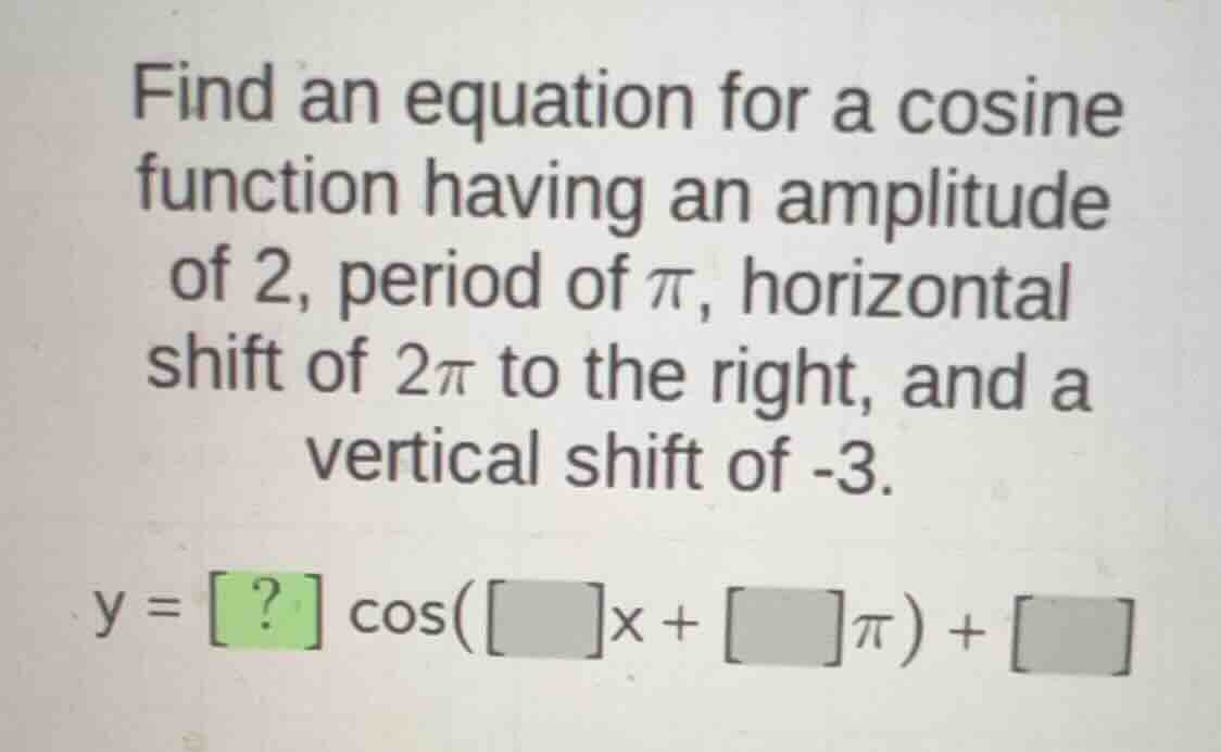 find an equation for a cosine function having an amplitude of 2, period…
