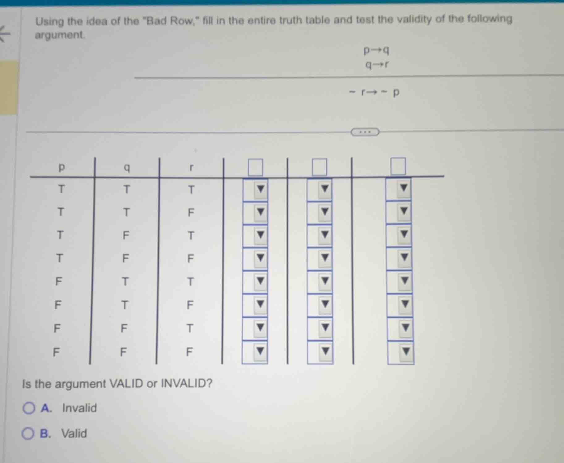 using the idea of the \bad row,\ fill in the entire truth table and tes…