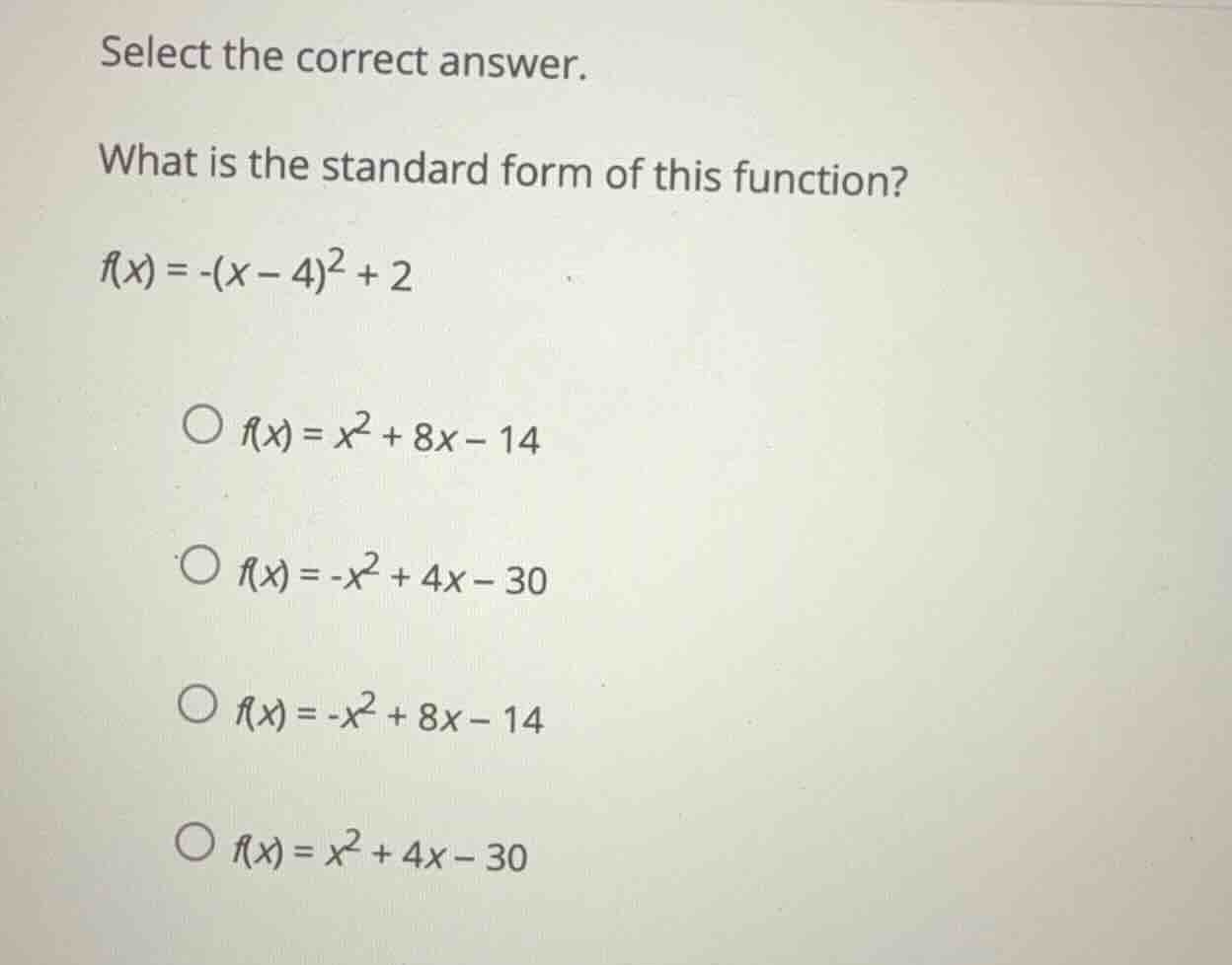 select the correct answer. what is the standard form of this function? …