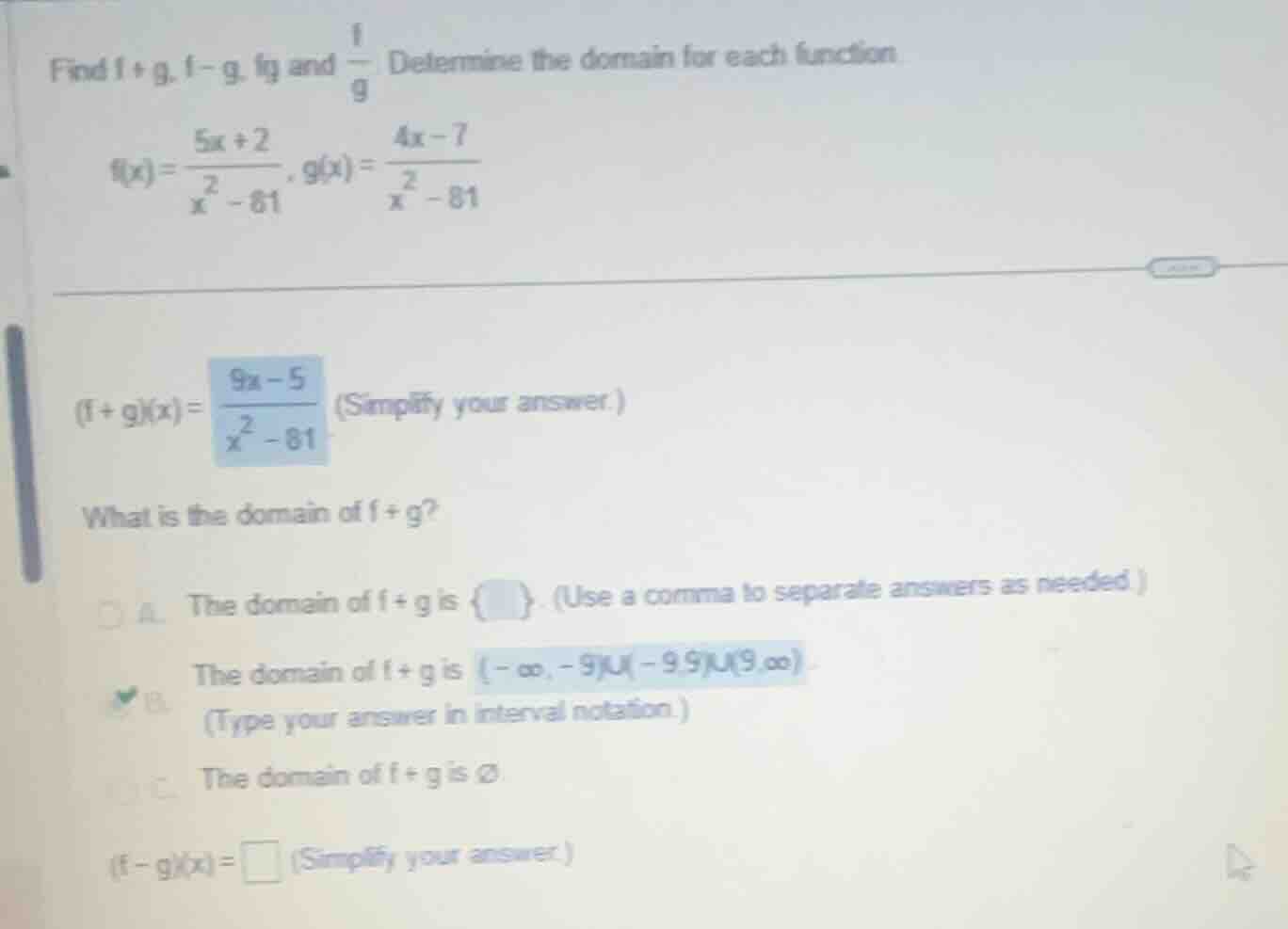 find \\(f+g\\), \\(f-g\\), \\(fg\\) and \\(\\frac{f}{g}\\). determine t…