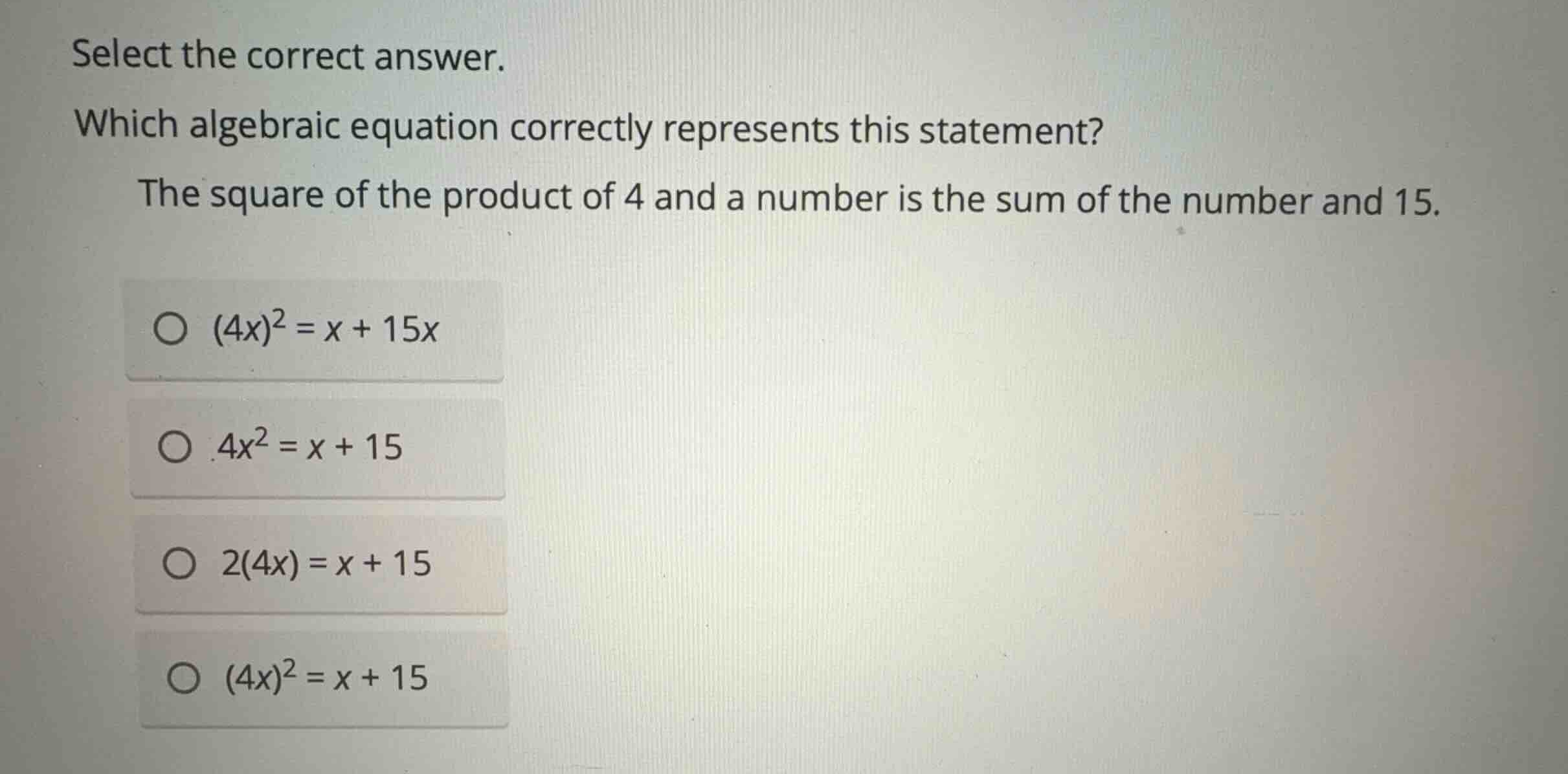 select the correct answer. which algebraic equation correctly represent…
