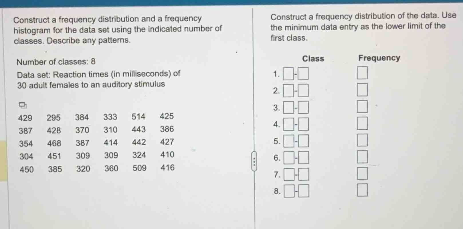 construct a frequency distribution and a frequency histogram for the da…