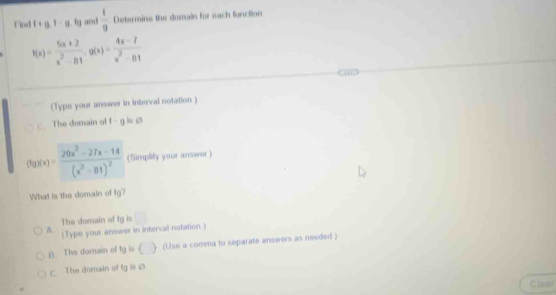 find \\(f+g\\), \\(f-g\\), \\(fg\\) and \\(\\frac{f}{g}\\). determine t…