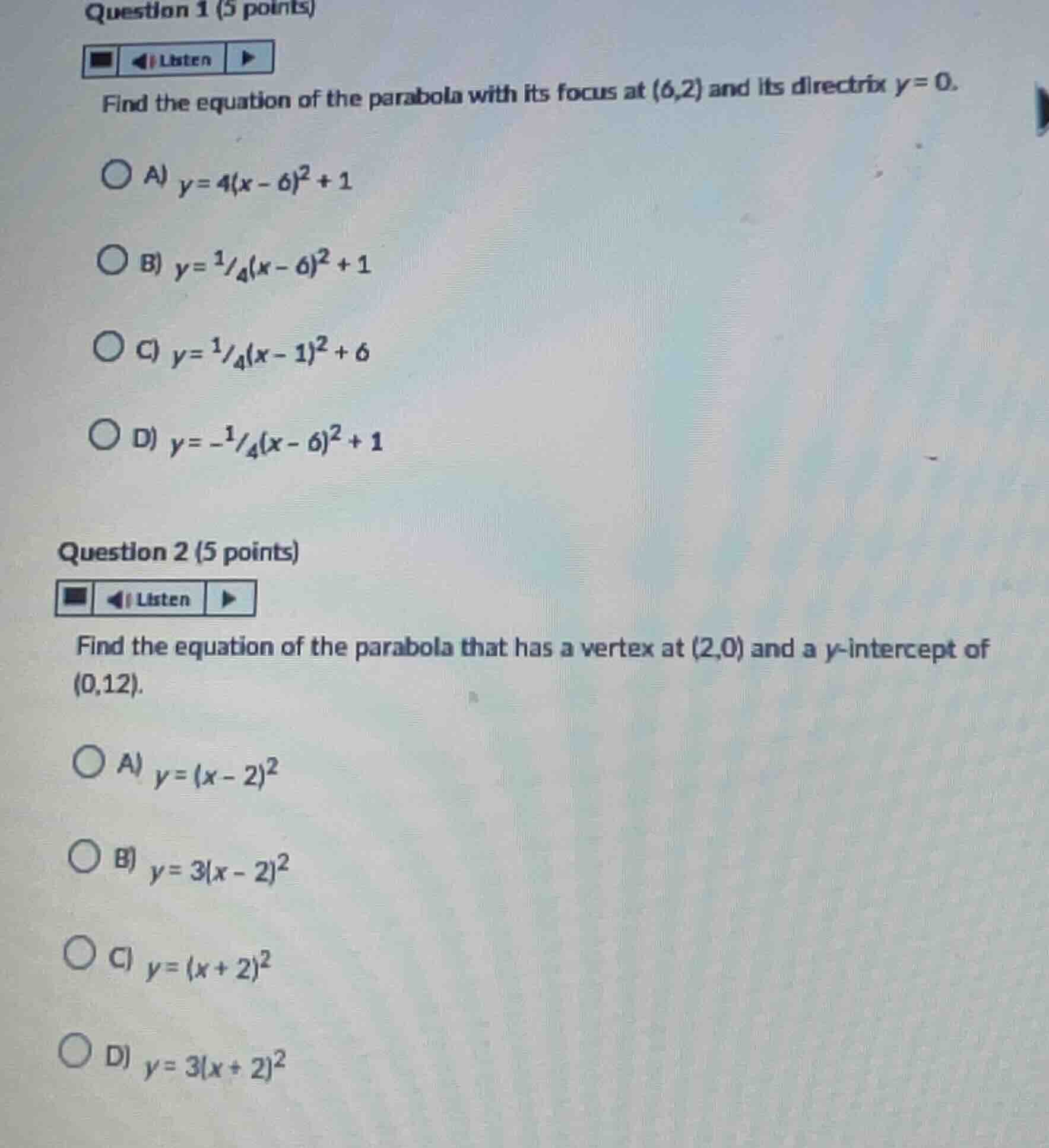 question 1 (5 points) find the equation of the parabola with its focus …