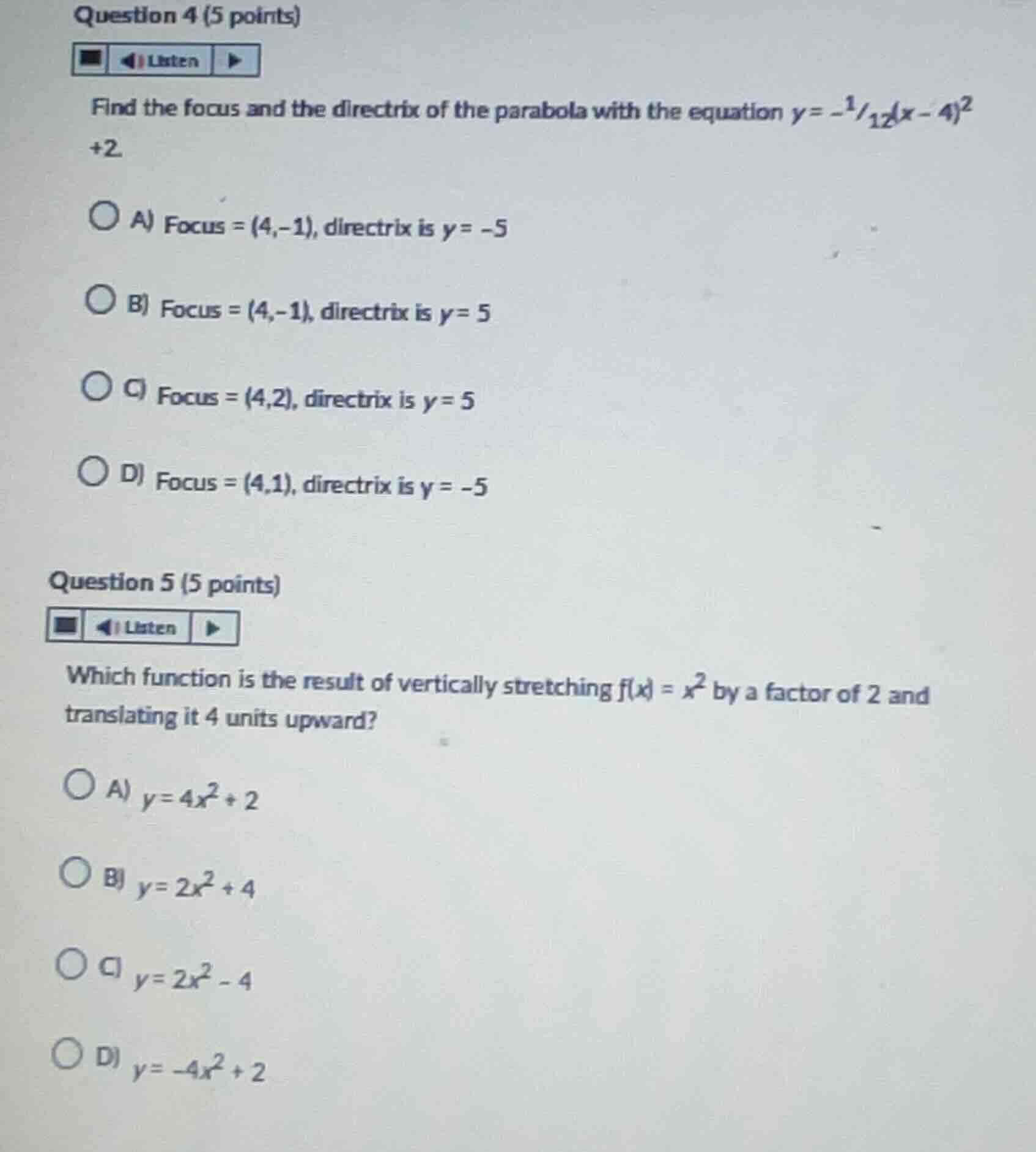 question 4 (5 points) find the focus and the directrix of the parabola …