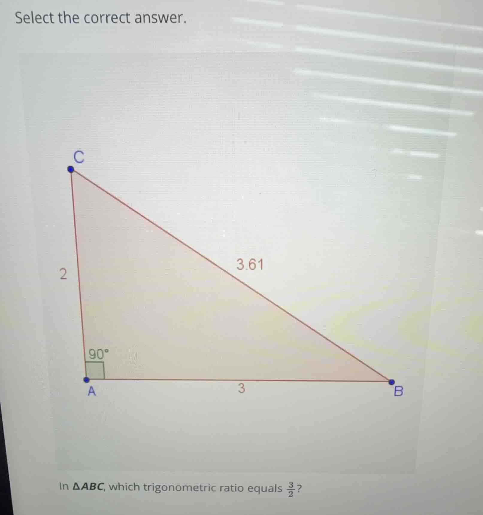 select the correct answer. in \\(\\delta abc\\), which trigonometric ra…