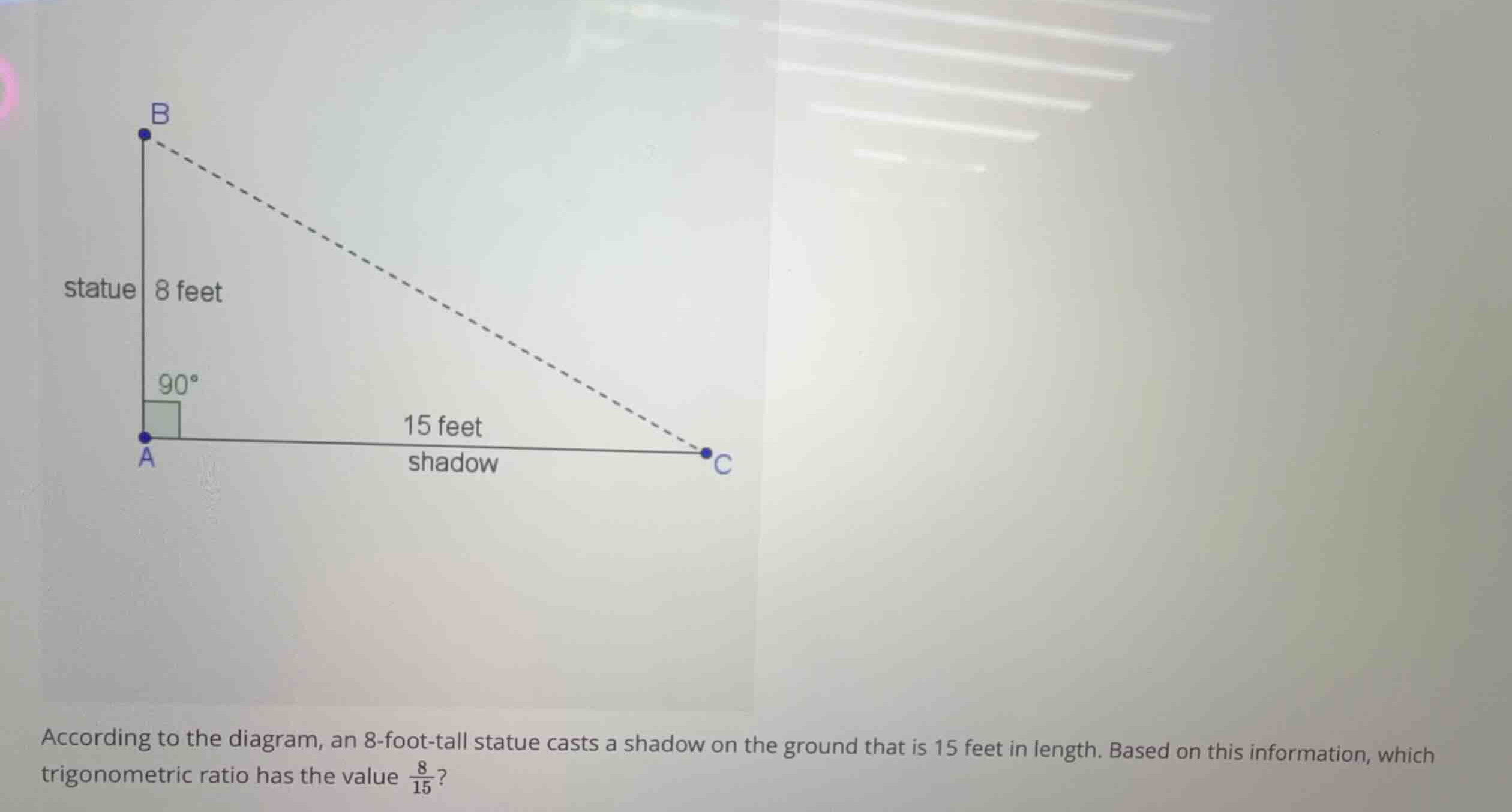 according to the diagram, an 8-foot-tall statue casts a shadow on the g…