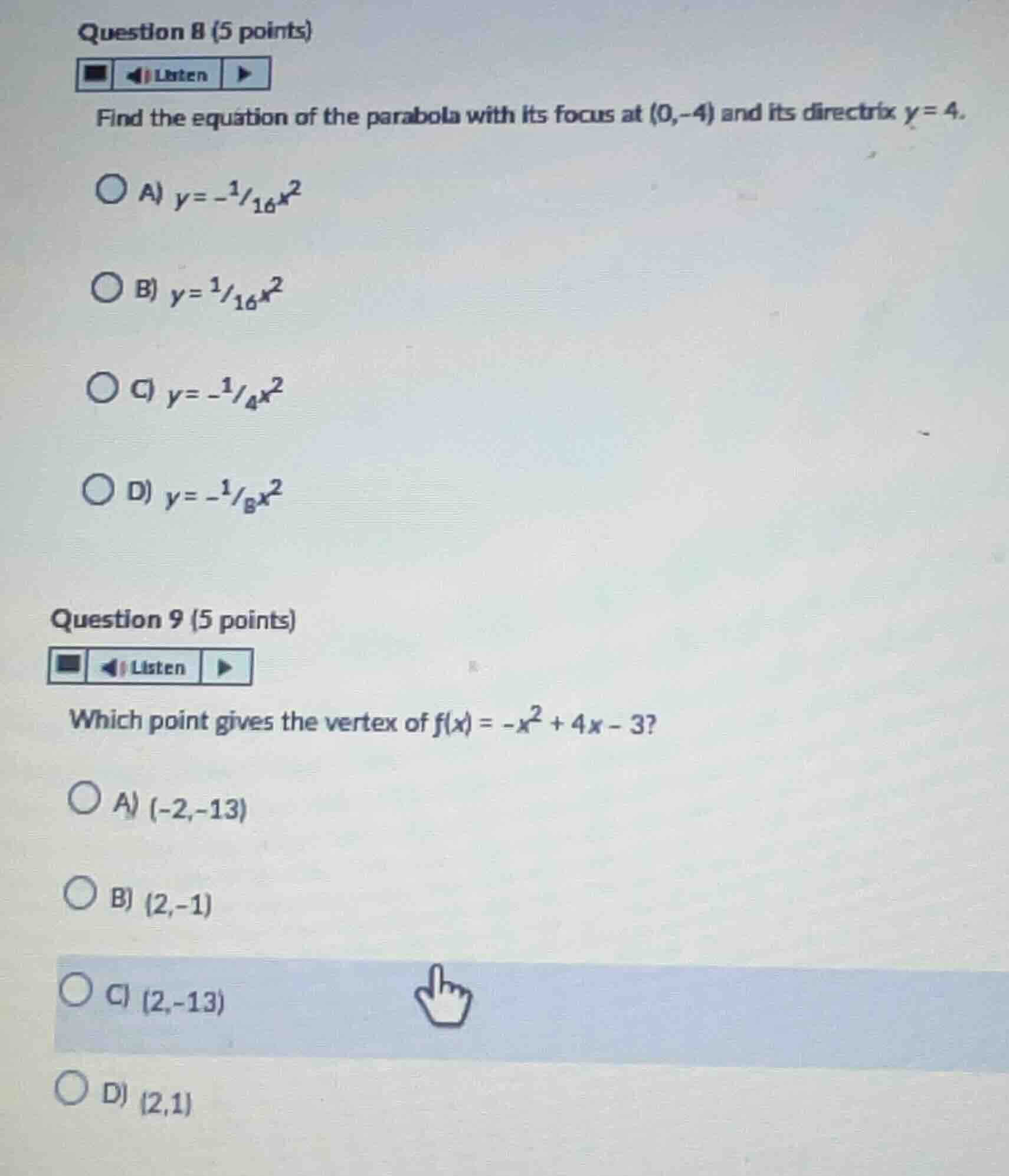 question 8 (5 points) find the equation of the parabola with its focus …