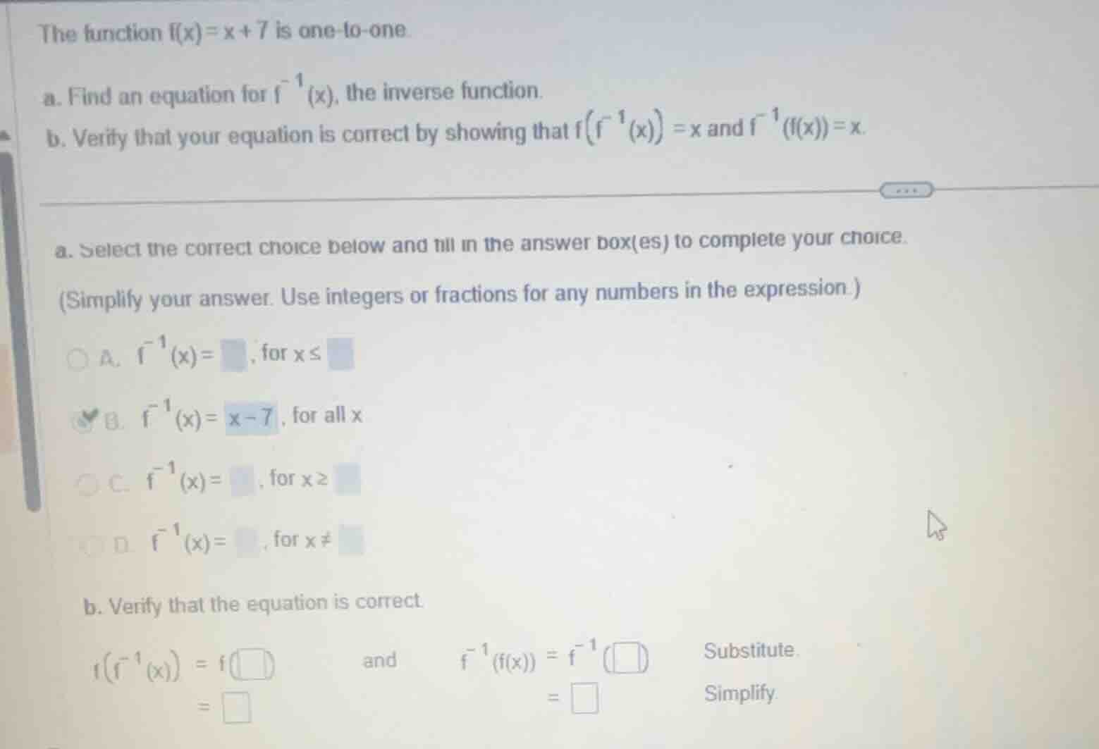 the function \\(f(x) = x + 7\\) is one-to-one. a. find an equation for …
