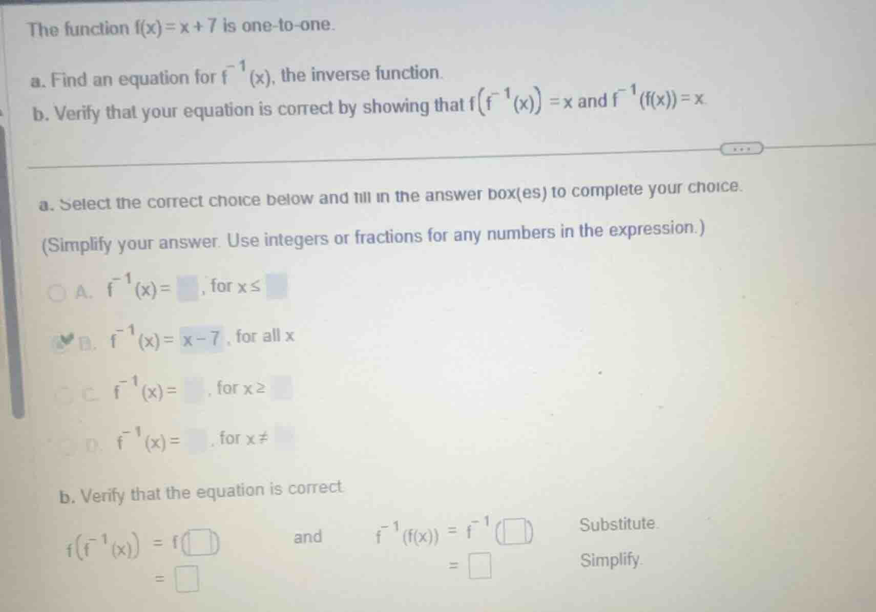 the function \\(f(x) = x + 7\\) is one-to-one. a. find an equation for …