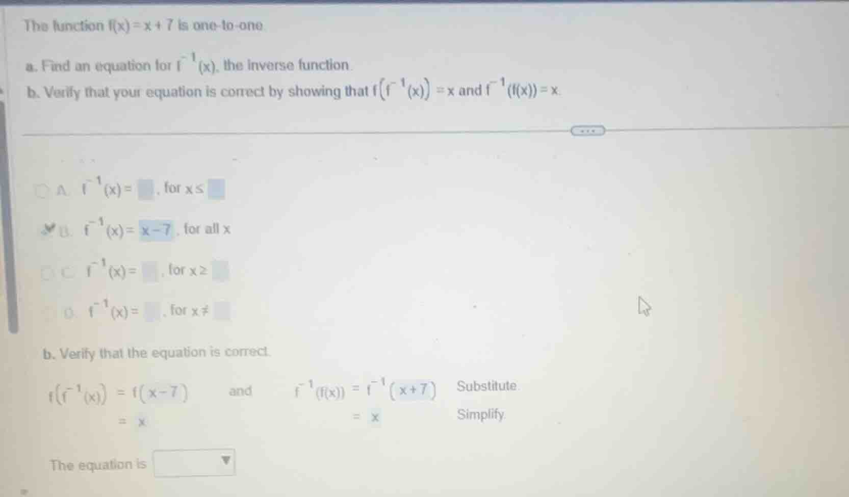 the function \\(f(x) = x + 7\\) is one-to-one. a. find an equation for …