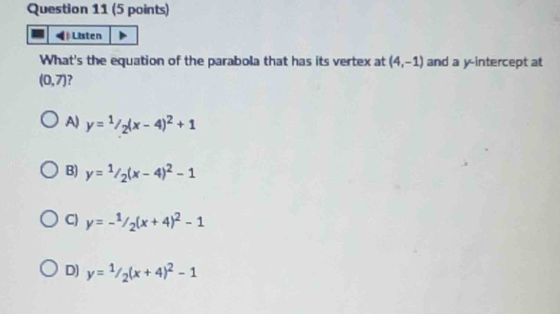 question 11 (5 points) whats the equation of the parabola that has its …