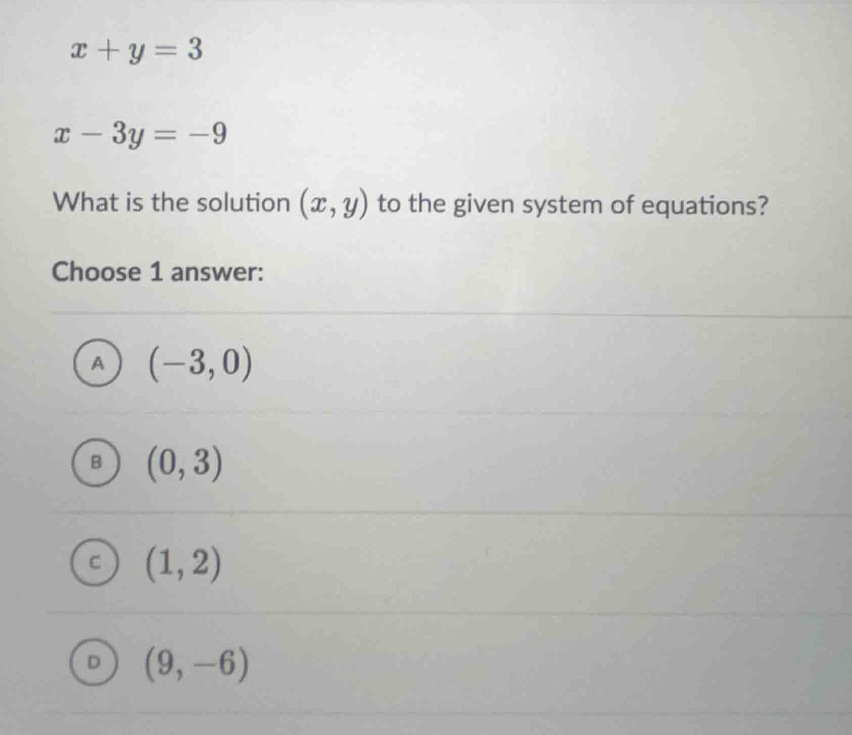 \\x + y = 3\\ \\x - 3y = -9\\ what is the solution \\((x, y)\\) to the …