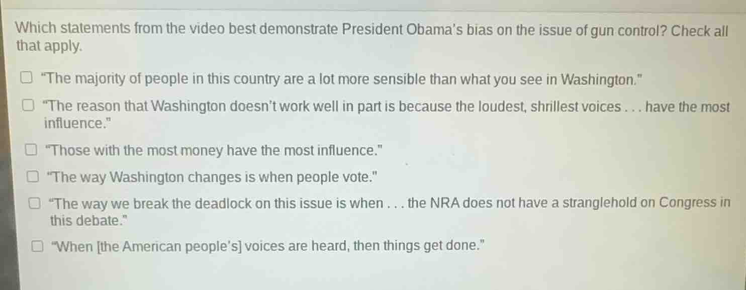 which statements from the video best demonstrate president obamas bias …