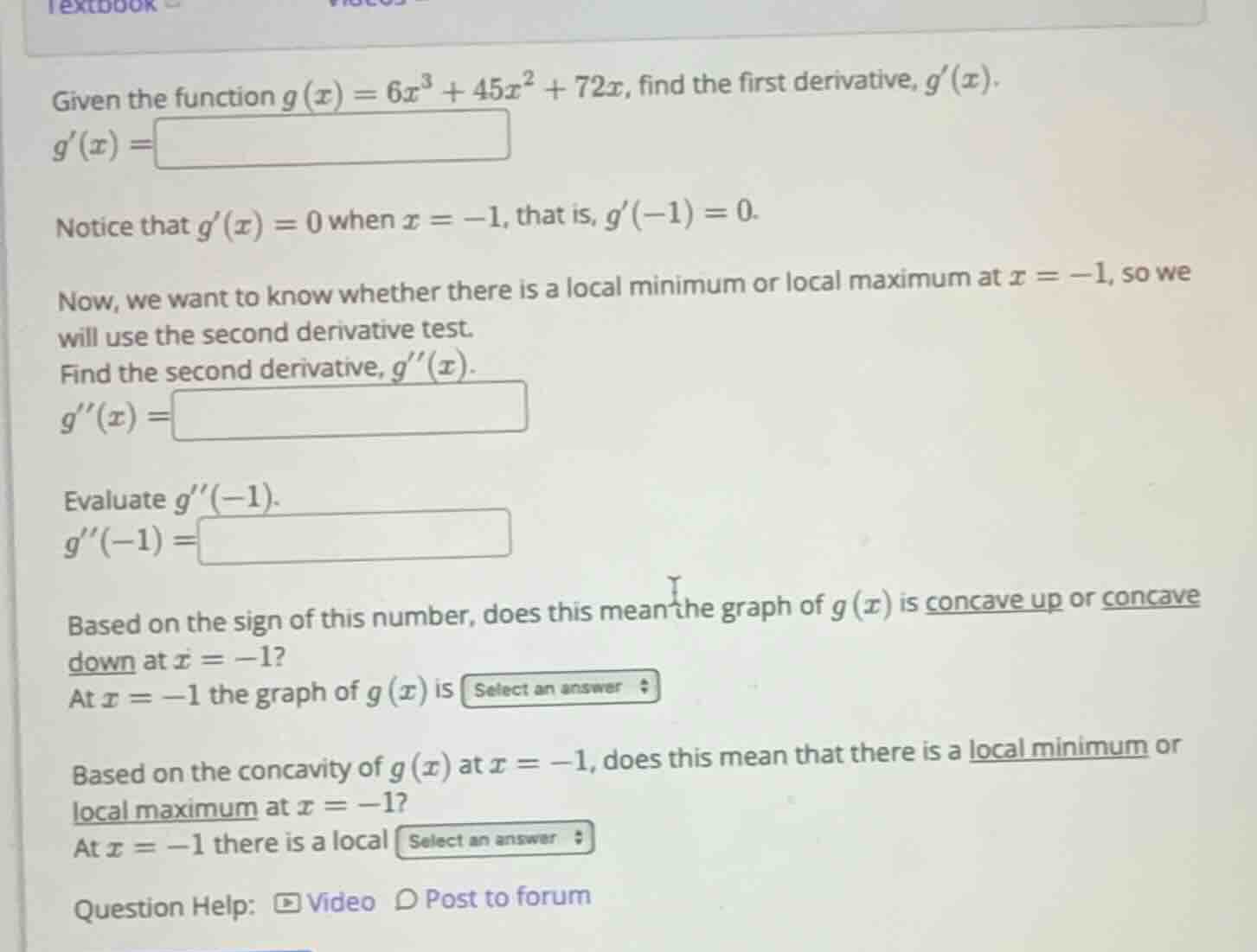 given the function \\(g(x) = 6x^3 + 45x^2 + 72x\\), find the first deri…