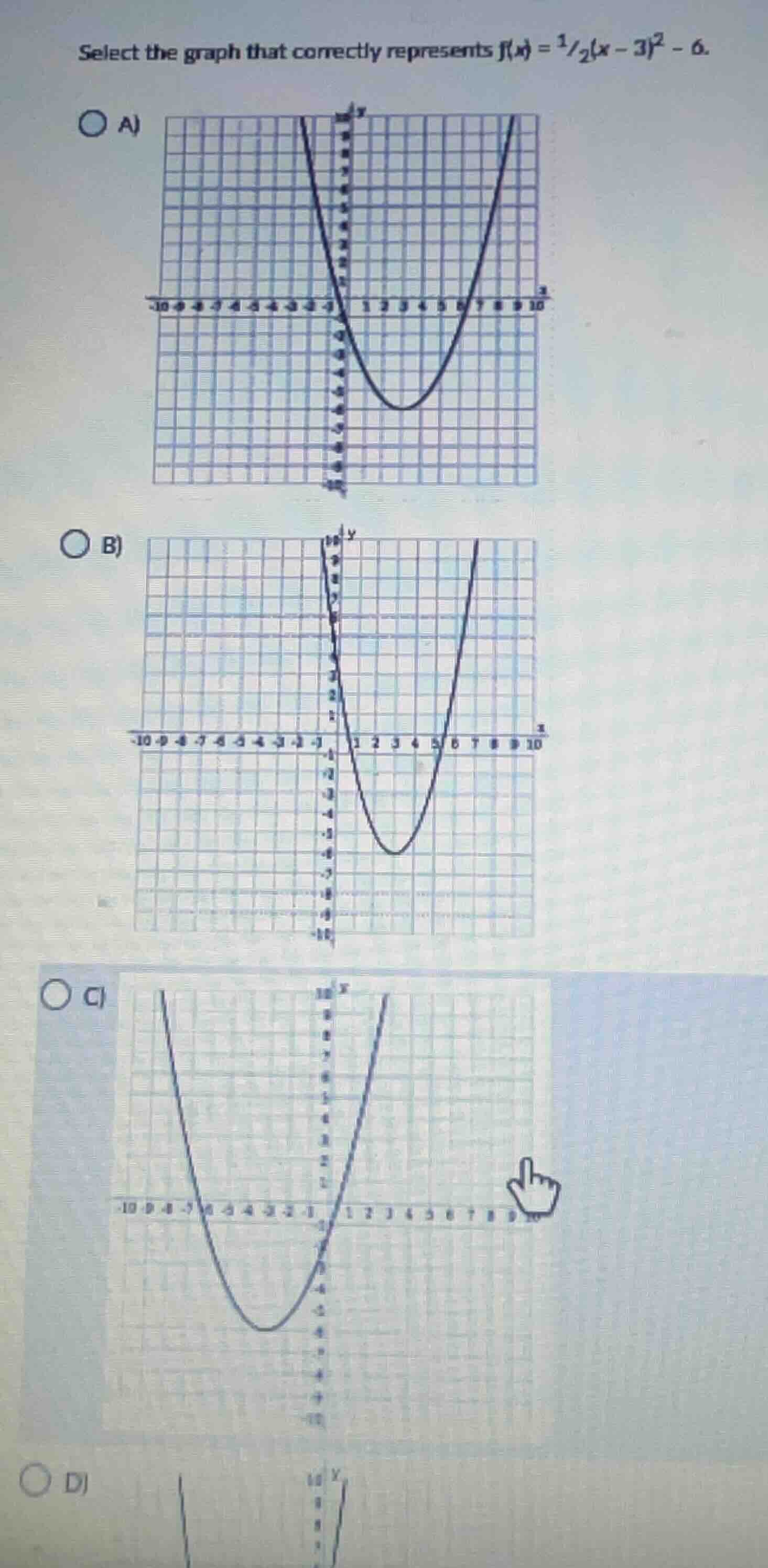 select the graph that correctly represents \\(f(x) = \\frac{1}{2}(x - 3…