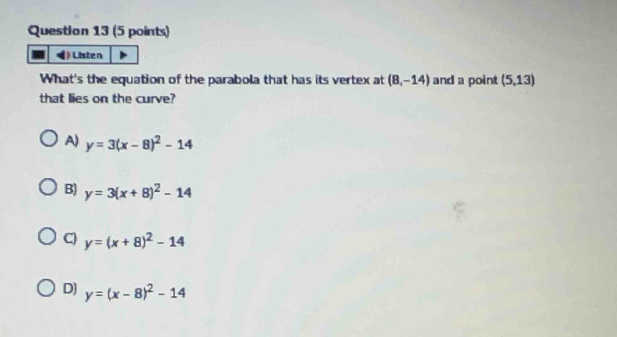 question 13 (5 points) whats the equation of the parabola that has its …