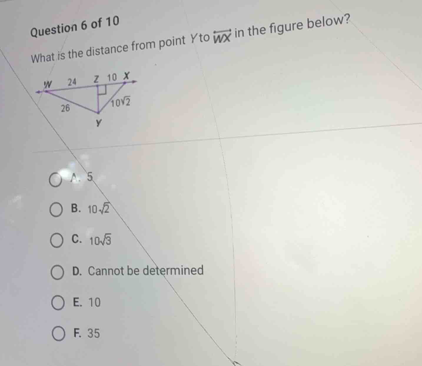 question 6 of 10 what is the distance from point \\(y\\) to \\(\\overle…