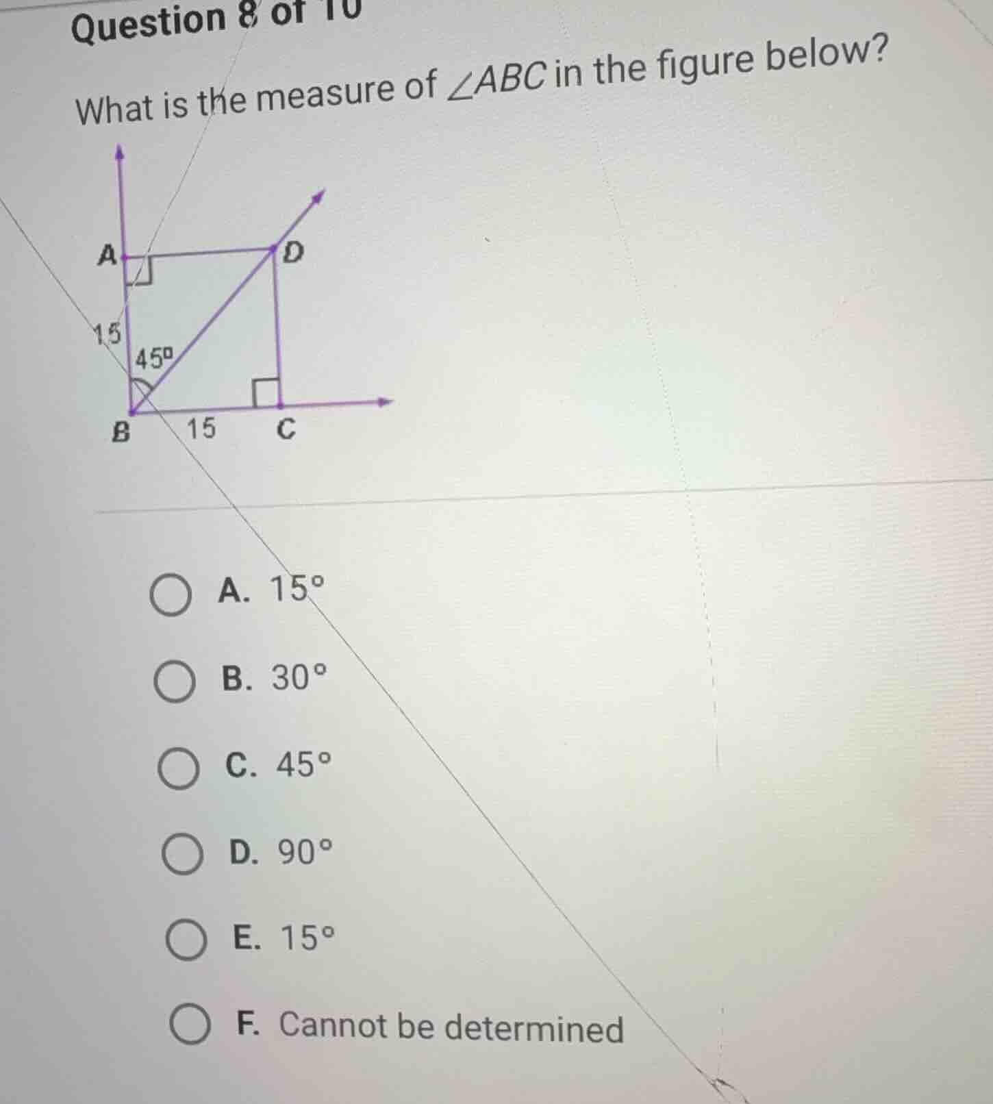 what is the measure of \\(\\angle abc\\) in the figure below? a. \\(15^…