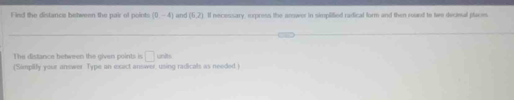 find the distance between the pair of points \\((0, -4)\\) and \\((6, 2…