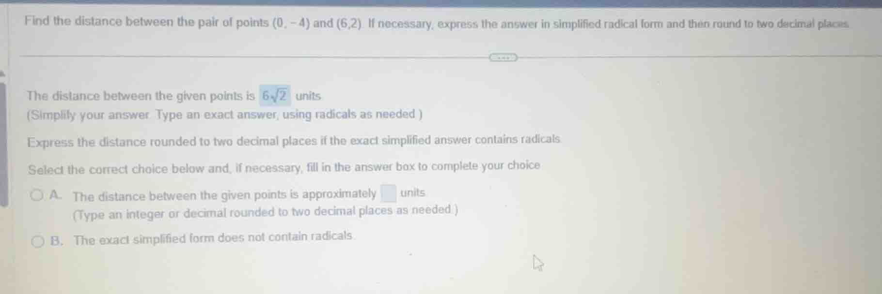 find the distance between the pair of points \\((0, -4)\\) and \\((6,2)…