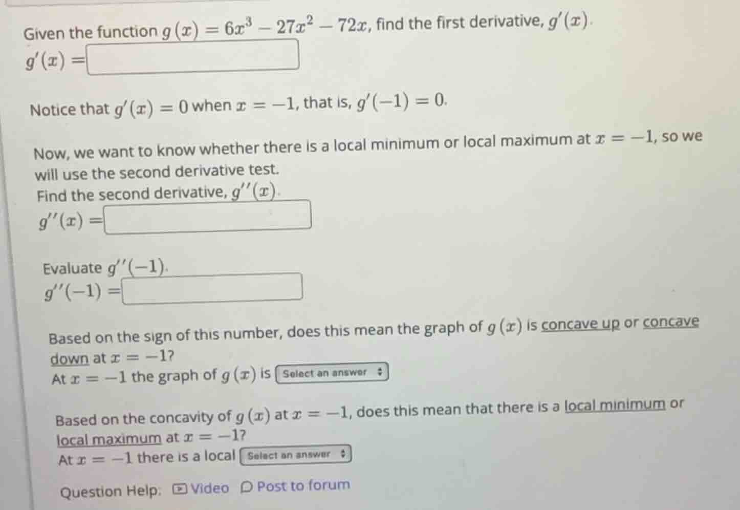 given the function \\(g(x) = 6x^3 - 27x^2 - 72x\\), find the first deri…
