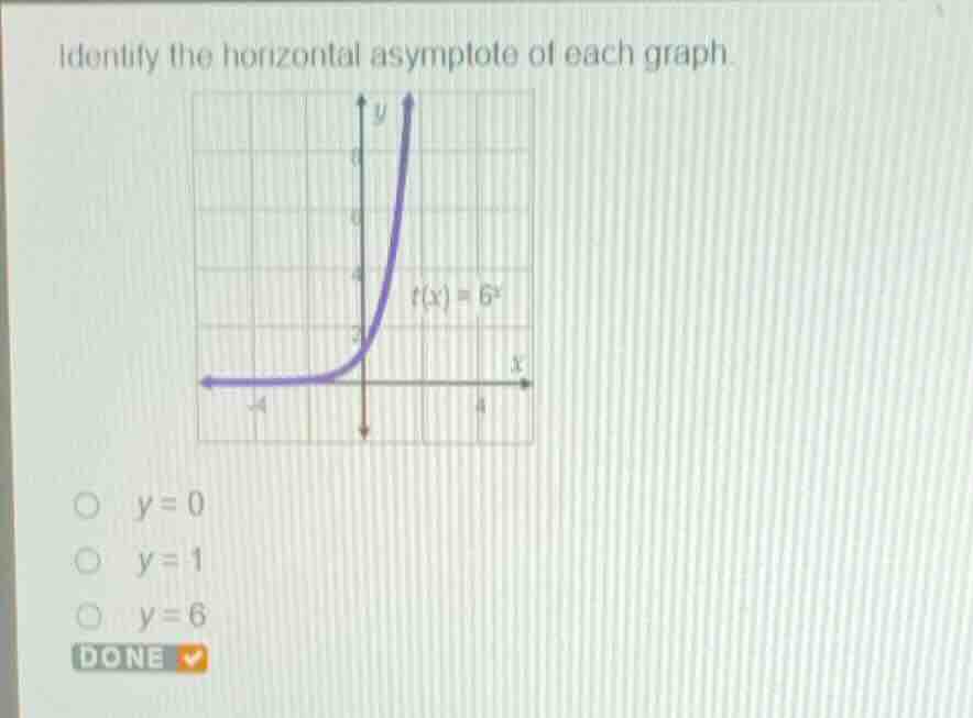 identify the horizontal asymptote of each graph. \\(f(x) = 6^x\\) \\(\\…