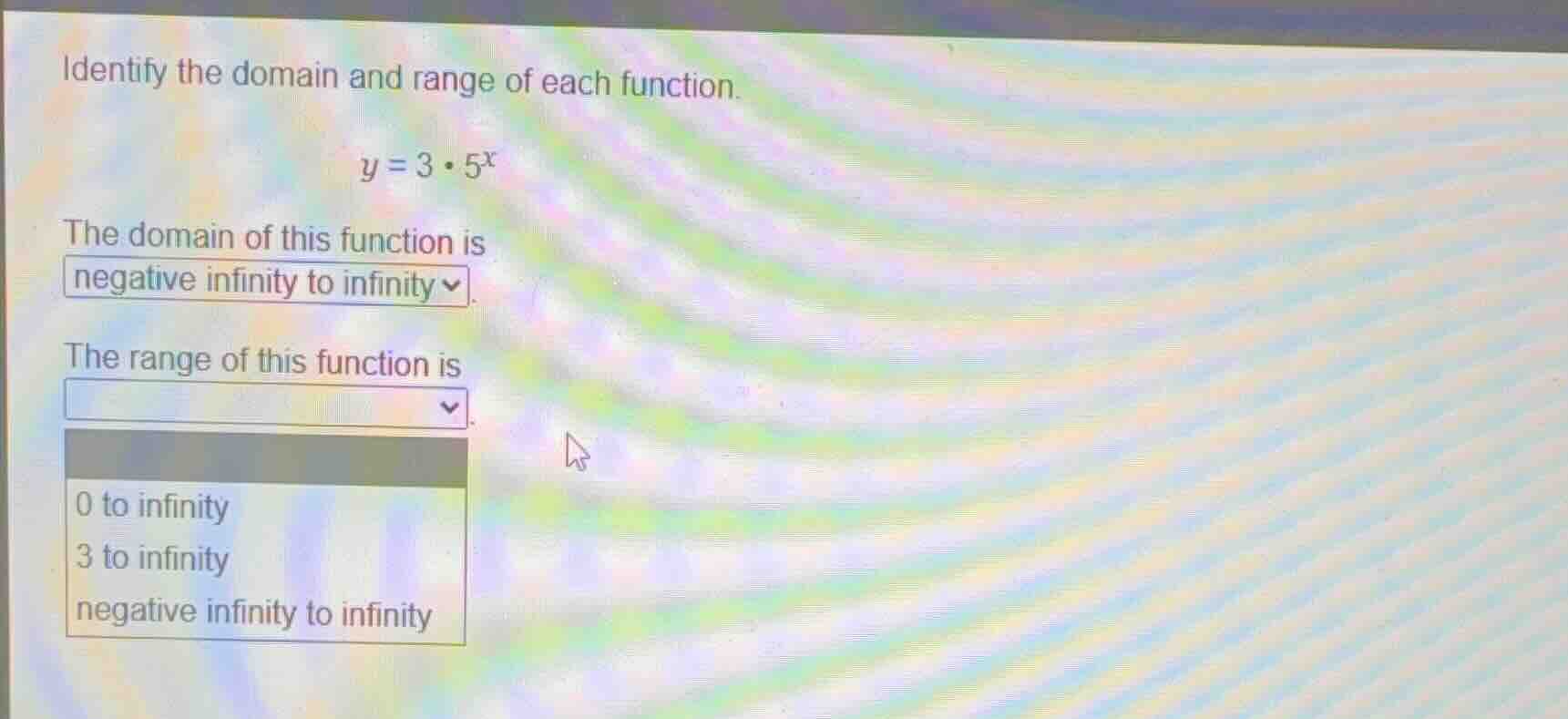 identify the domain and range of each function. \\y = 3 \\cdot 5^x\\ th…
