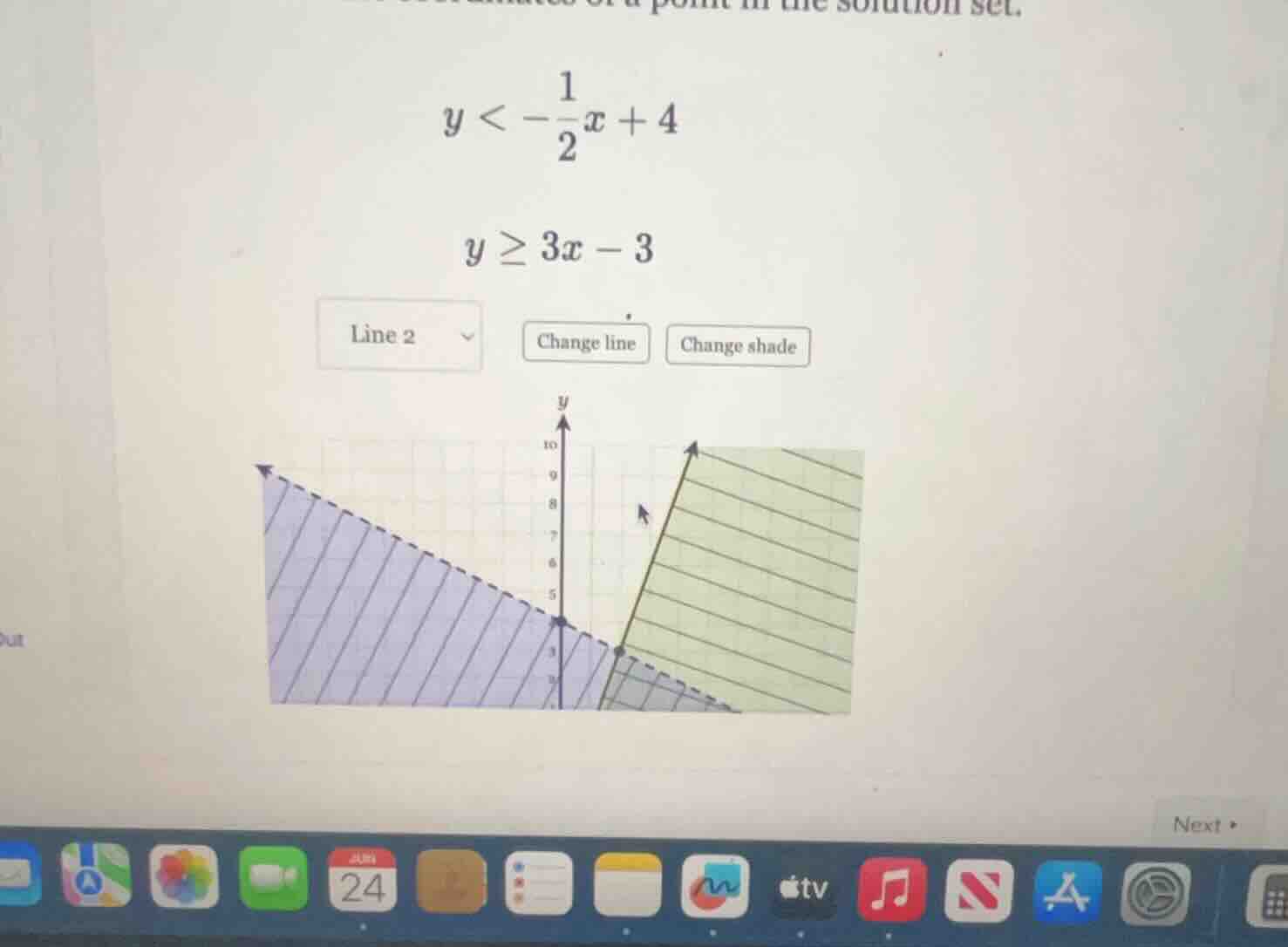 \\y < -\\frac{1}{2}x + 4\\ \\y \\ge 3x - 3\\