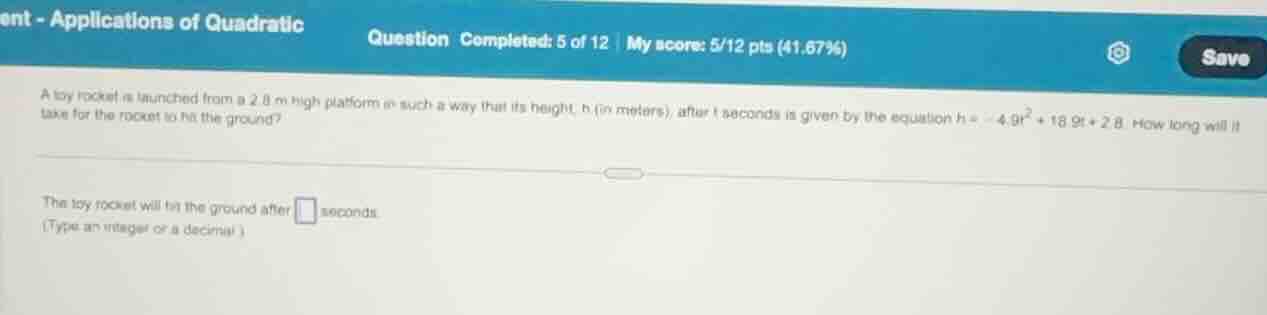 a toy rocket is launched from a \\(2.8\\text{ m}\\) high platform in su…