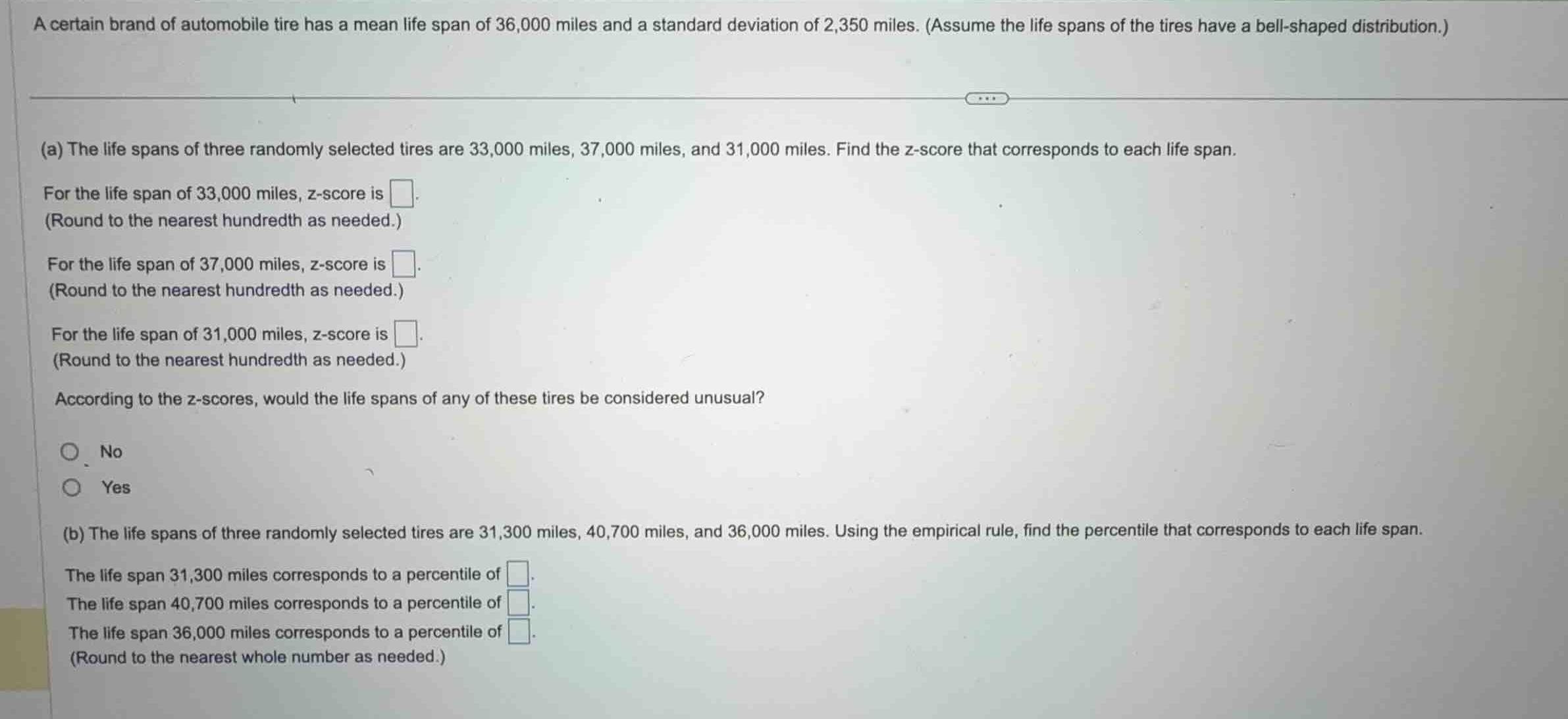 a certain brand of automobile tire has a mean life span of 36,000 miles…