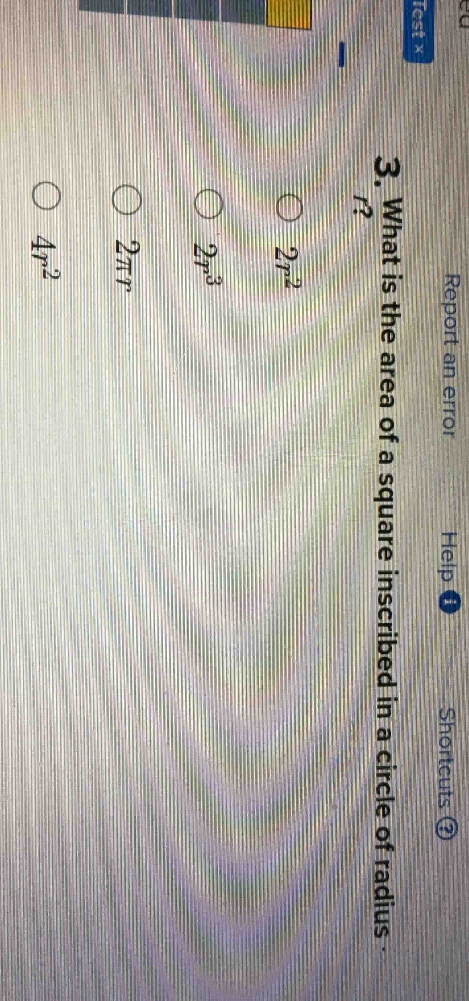 3. what is the area of a square inscribed in a circle of radius \\(r\\)…