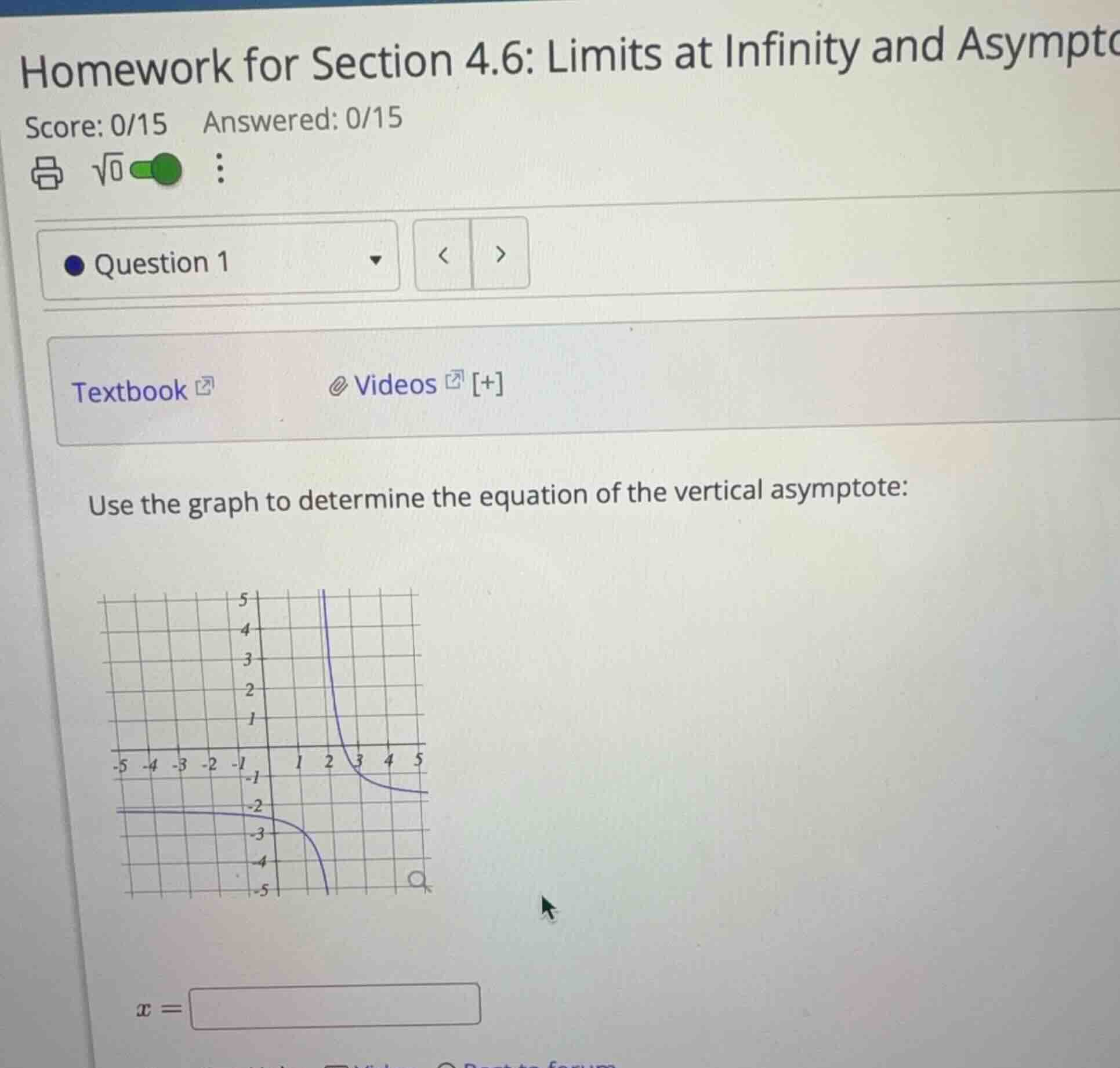 use the graph to determine the equation of the vertical asymptote: \\(x…