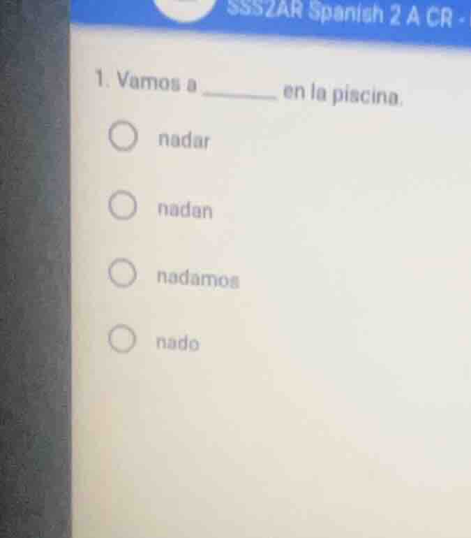 1. vamos a ________ en la piscina. nadar nadan nadamos nado