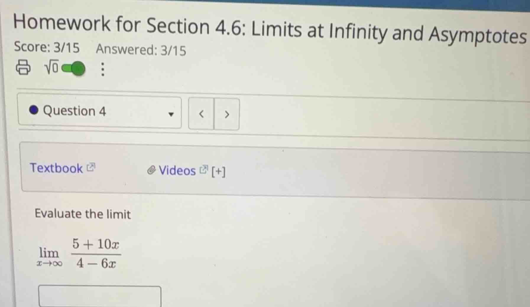 evaluate the limit \\\\lim_{x \\to \\infty} \\frac{5 + 10x}{4 - 6x}\\