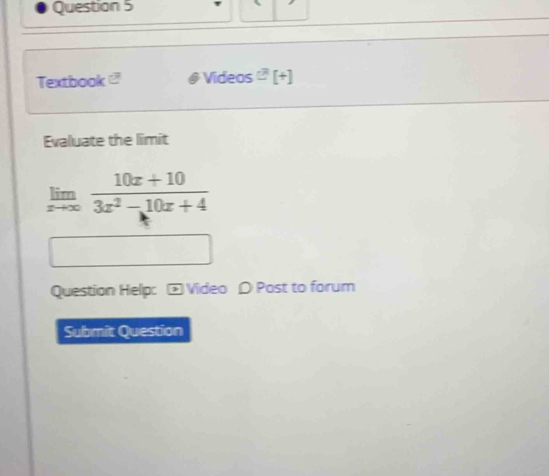 evaluate the limit \\\\lim_{x \\to \\infty} \\frac{10x + 10}{3x^2 - 10x…