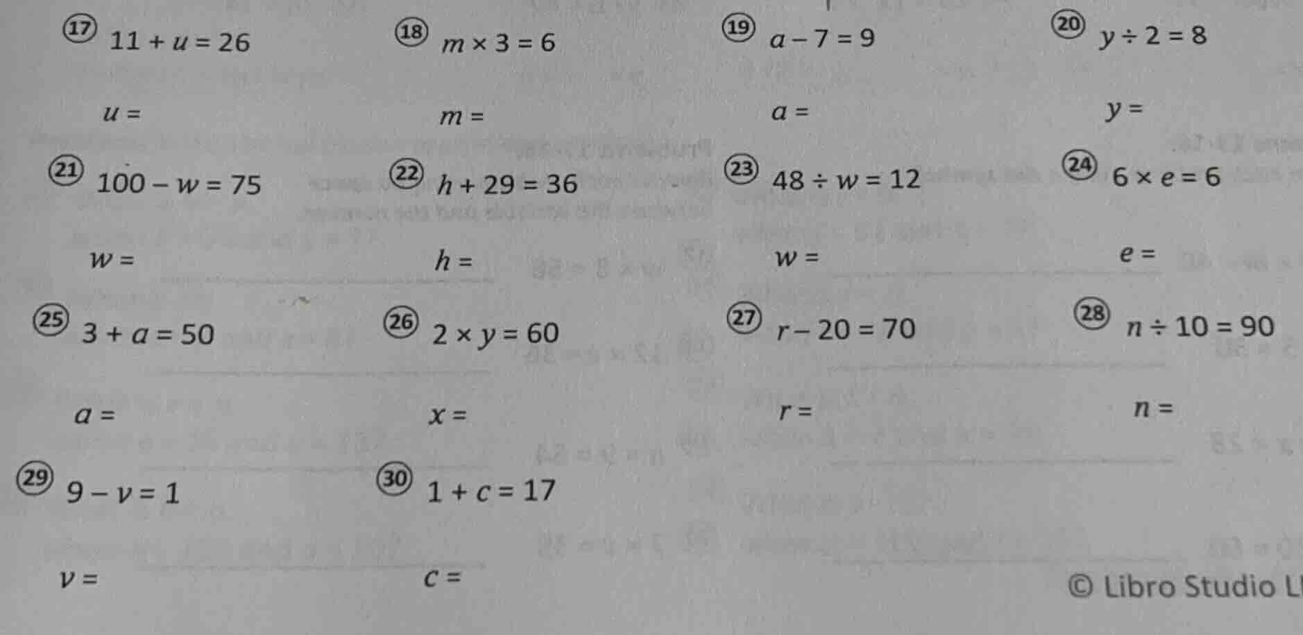 17) \\(11 + u = 26\\) \\(u =\\) 18) \\(m \\times 3 = 6\\) \\(m =\\) 19)…