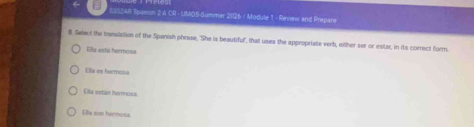 8. select the translation of the spanish phrase, she is beautiful, that…