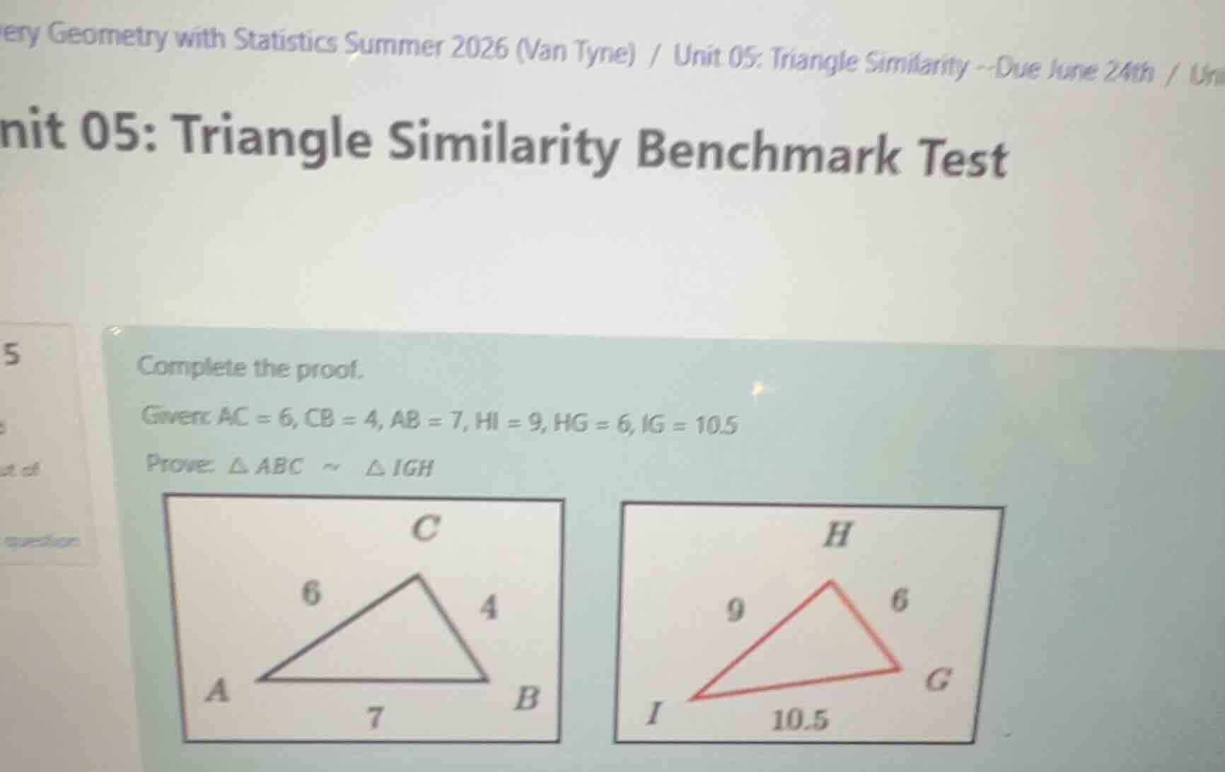 unit 05: triangle similarity benchmark test complete the proof. given: …