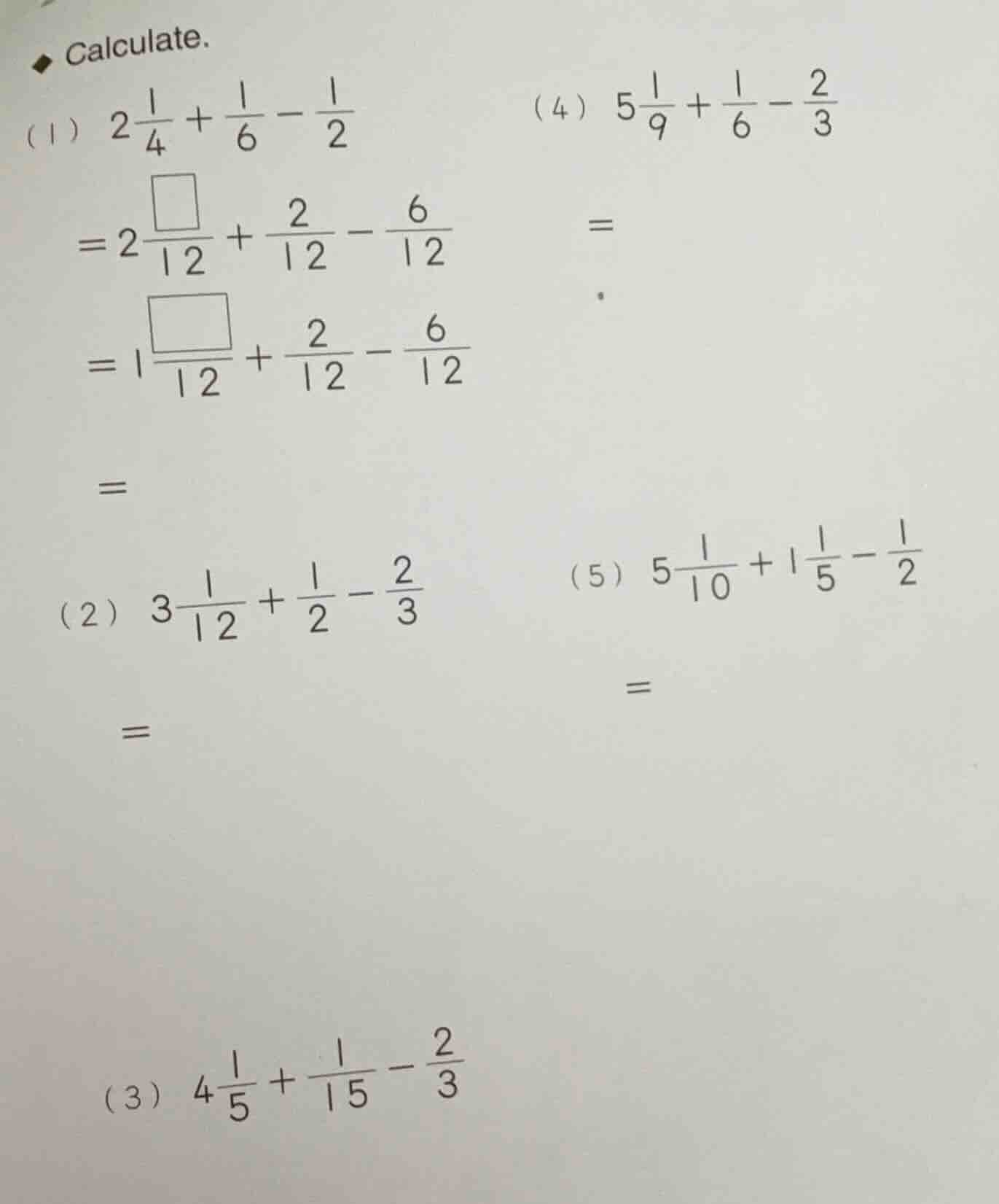 calculate. (1) \\(2\\frac{1}{4} + \\frac{1}{6} - \\frac{1}{2}\\) \\(= 2…