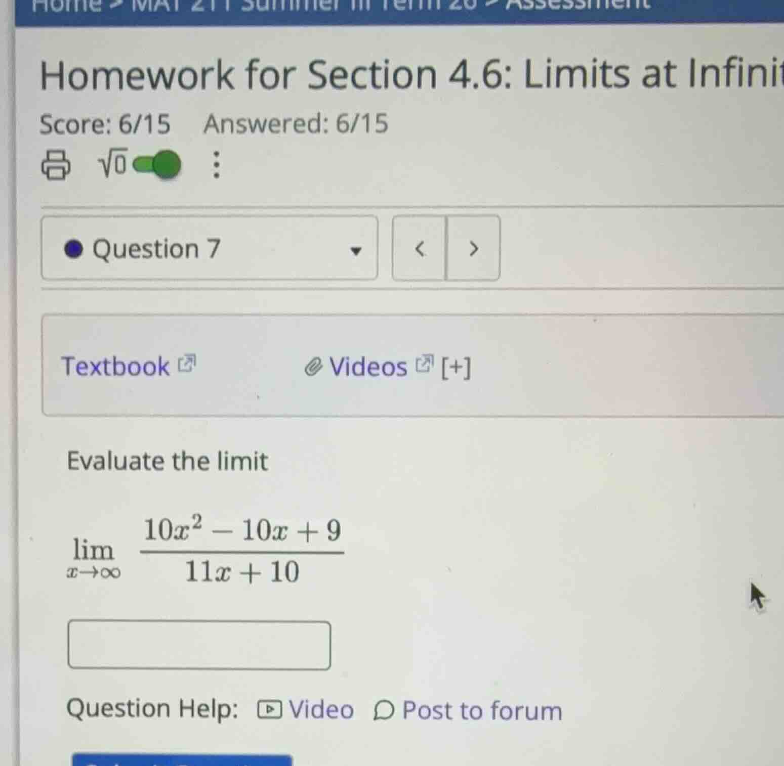 evaluate the limit \\\\lim_{x \\to \\infty} \\frac{10x^2 - 10x + 9}{11x…