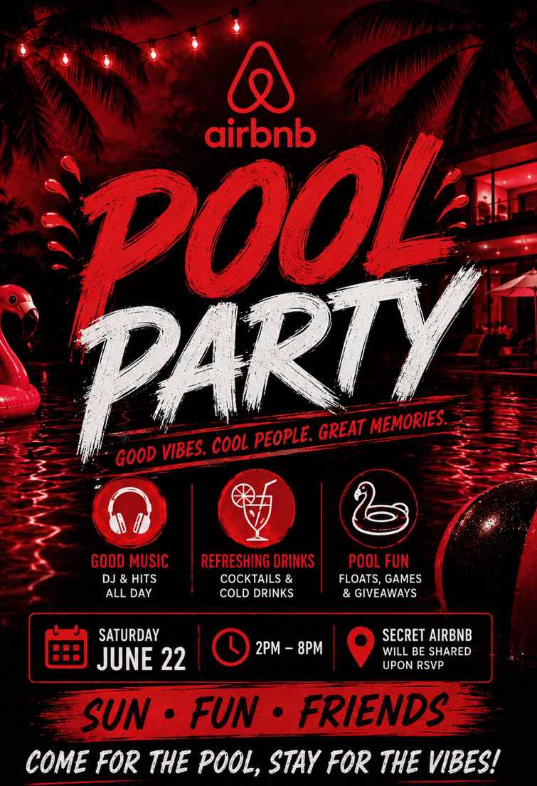 airbnb pool party good vibes. cool people. great memories. good music d…