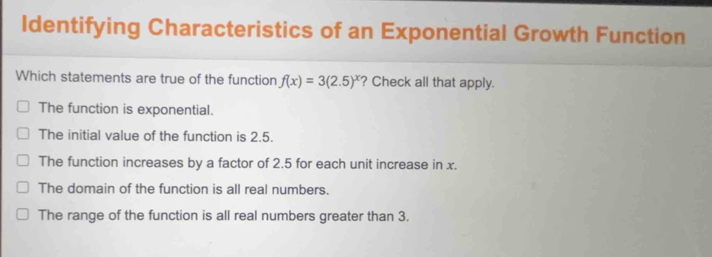 identifying characteristics of an exponential growth function which sta…