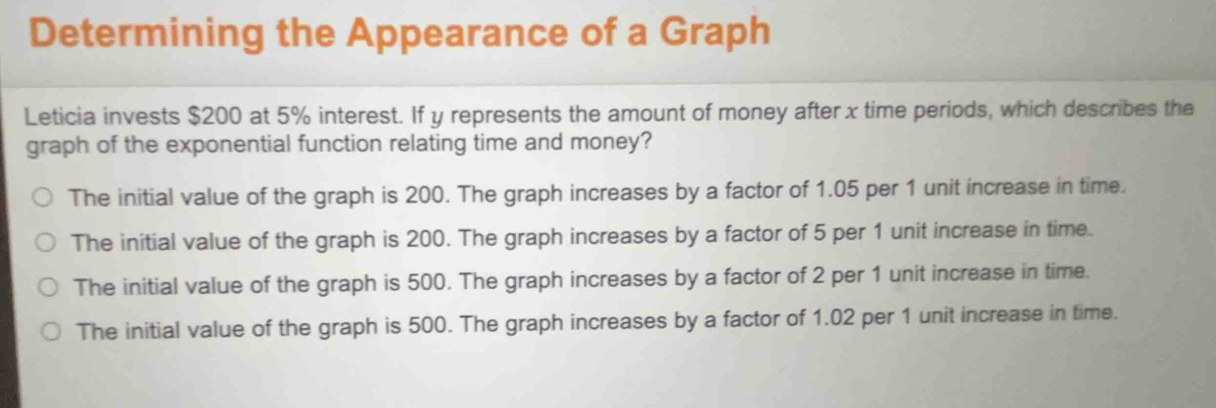 determining the appearance of a graph leticia invests $200 at 5% intere…