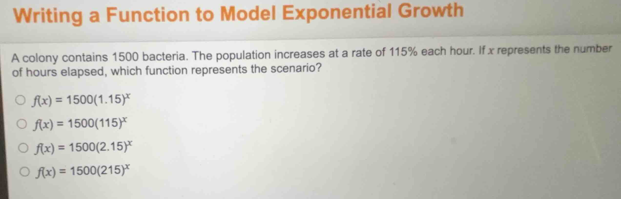 writing a function to model exponential growth a colony contains 1500 b…